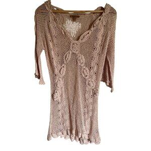Vintage VTG Y2K 90s JJ Sisters Open Crochet Lace V-Neck Tunic Top Cream Ivory